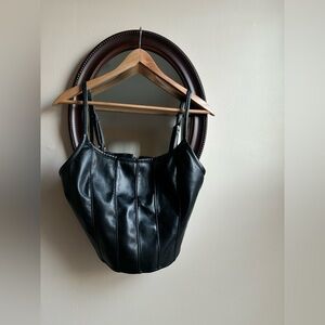 Faux leather black corset zip- back crop M/L